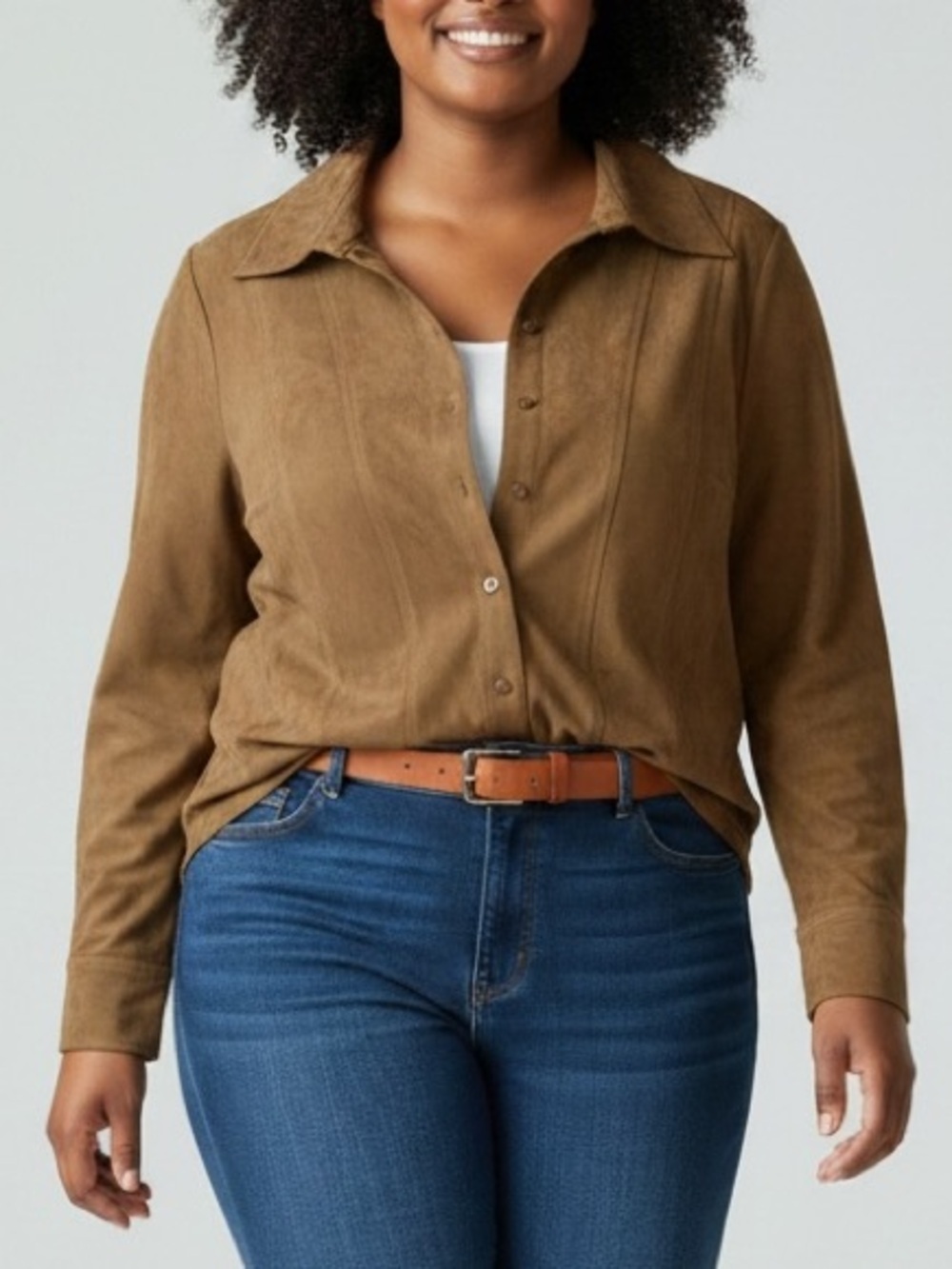 Urban Cotton Western Shirt Faux Suede Long Sleeve Button Front Brown Large